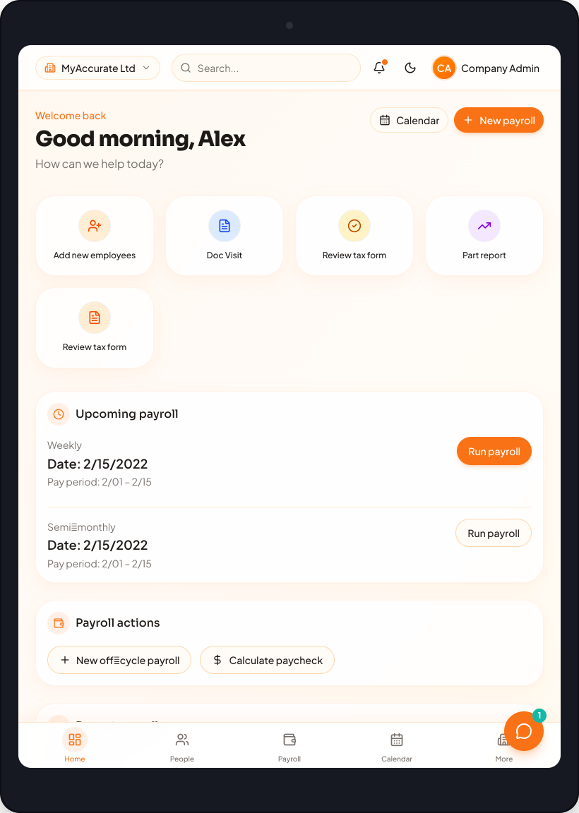Reports and payroll dashboard on tablet
